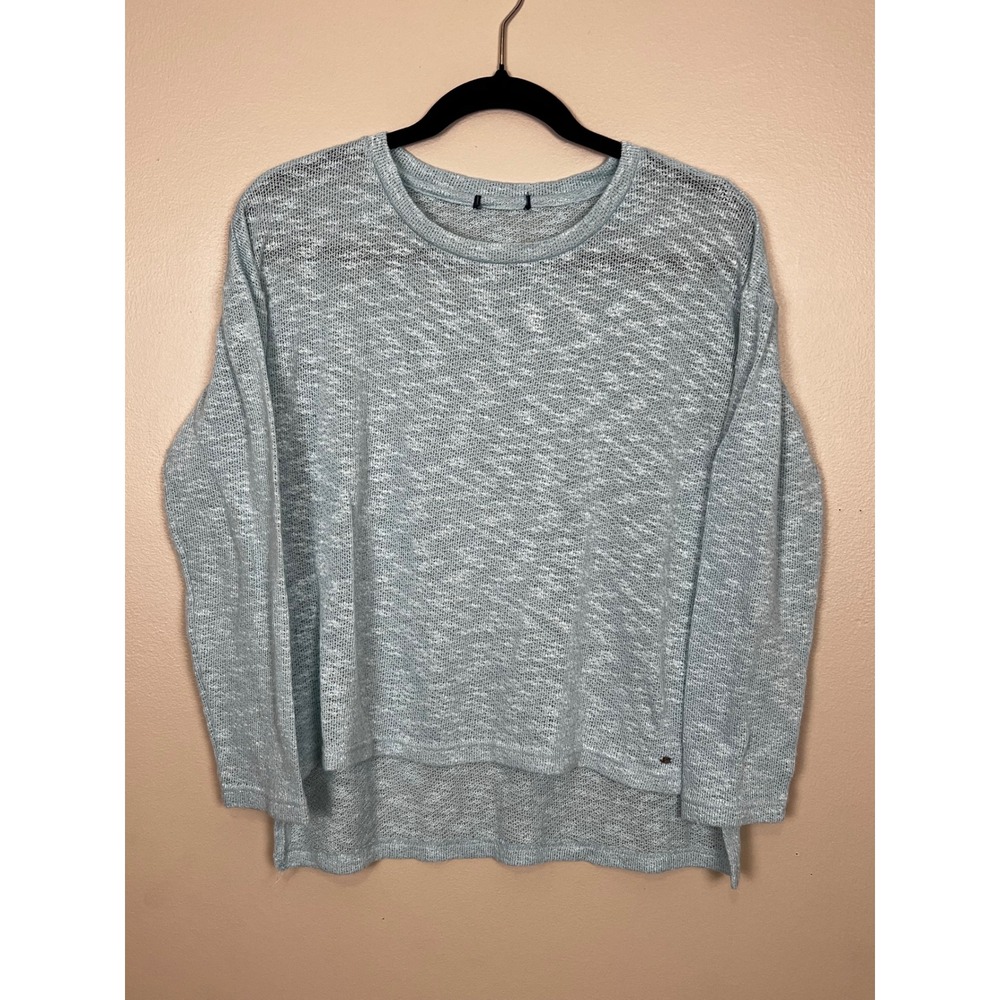 Women Light Blue Open Knit High-Low Crew Neck Sweater 2J017 Size M